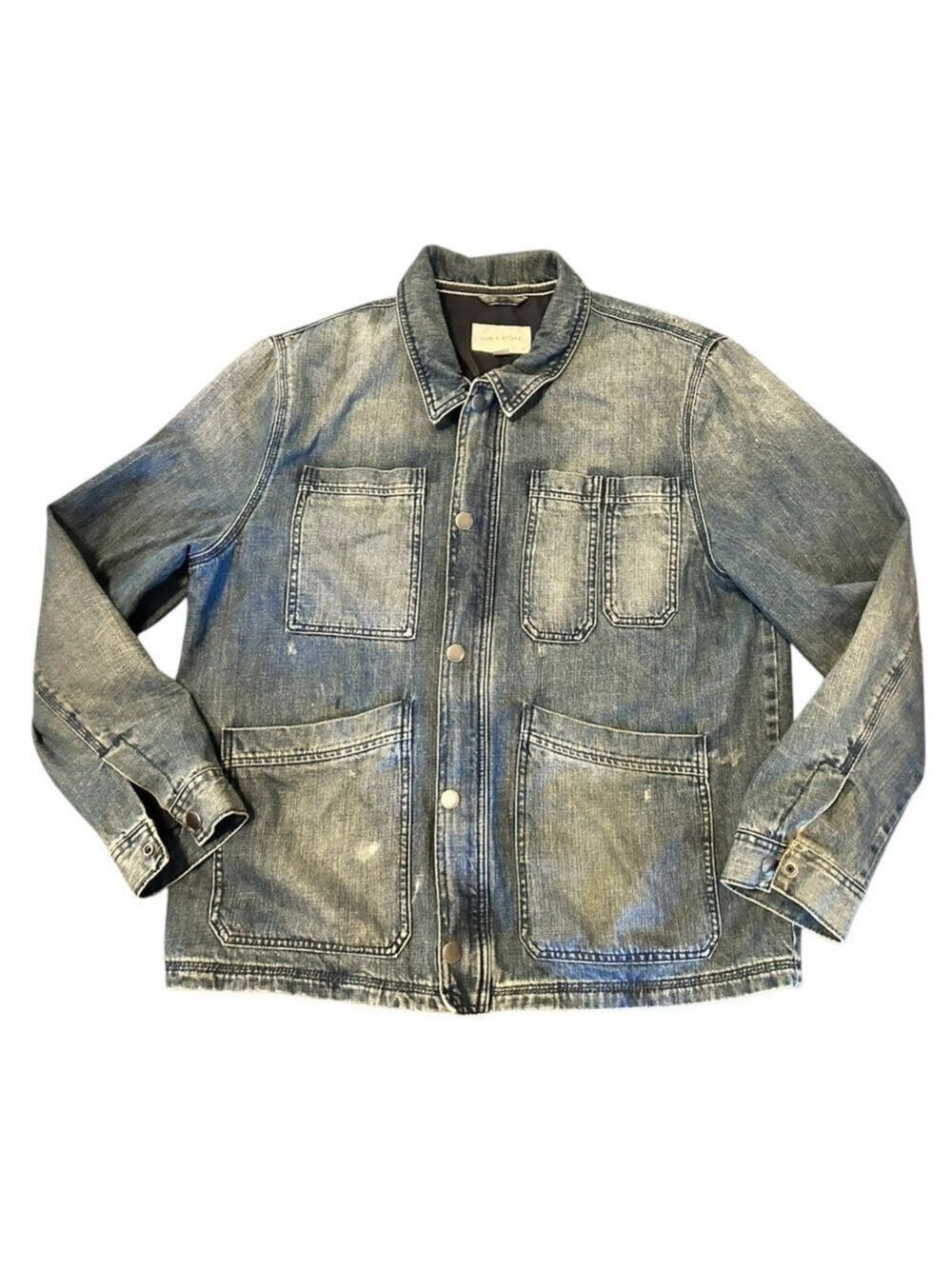SUN+STONE Trucker Jean Jacket Long Distressed Zip Snaps Pockets Unisex Sz L VGC